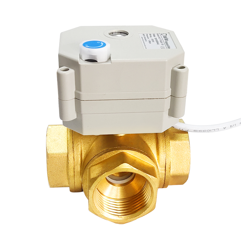 电动球阀铜三通,T型/L型电动铜三通阀门带手动带位置反馈，DC5V/12V/24V/220V微型电动阀DN8到DN32,BSP螺纹或NPT螺纹